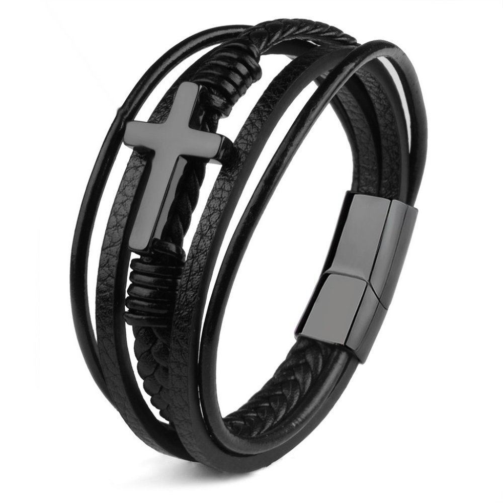 Stainless Steel Leather Bracelet Cuff Cross Magnetic Clasp